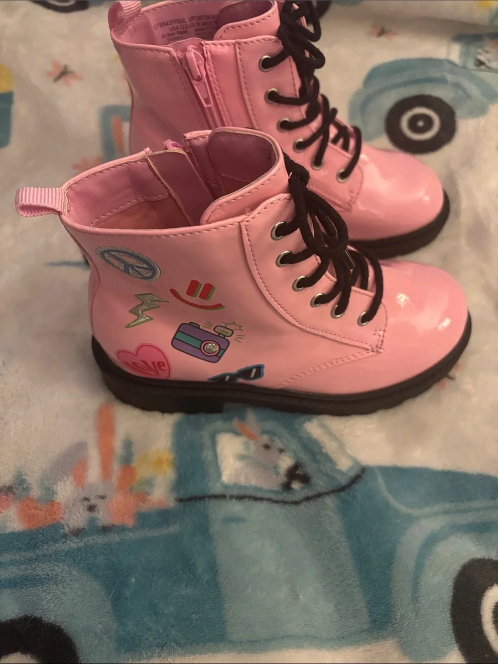 Wonder Nation Pink Patent Combat Boots with Black Laces